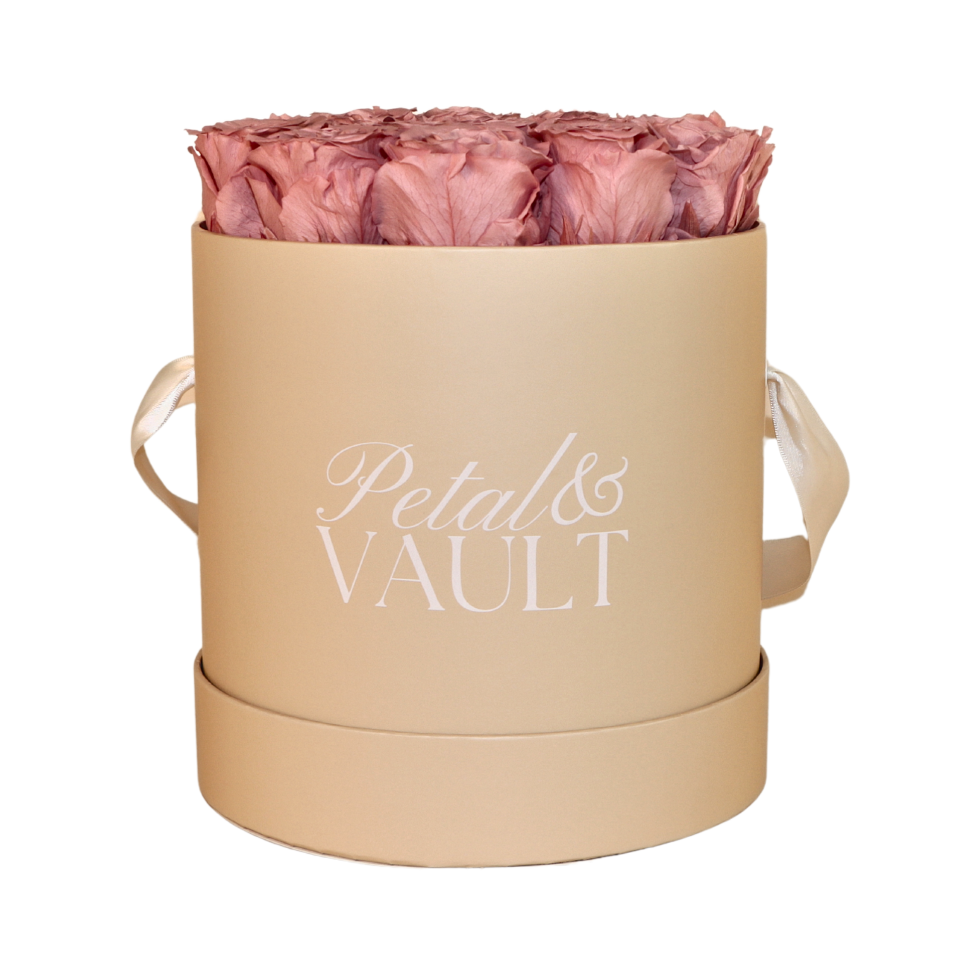 Beige cylindrical hat. box with dusty pink roses and 'Petal & Vault' branding on a white background