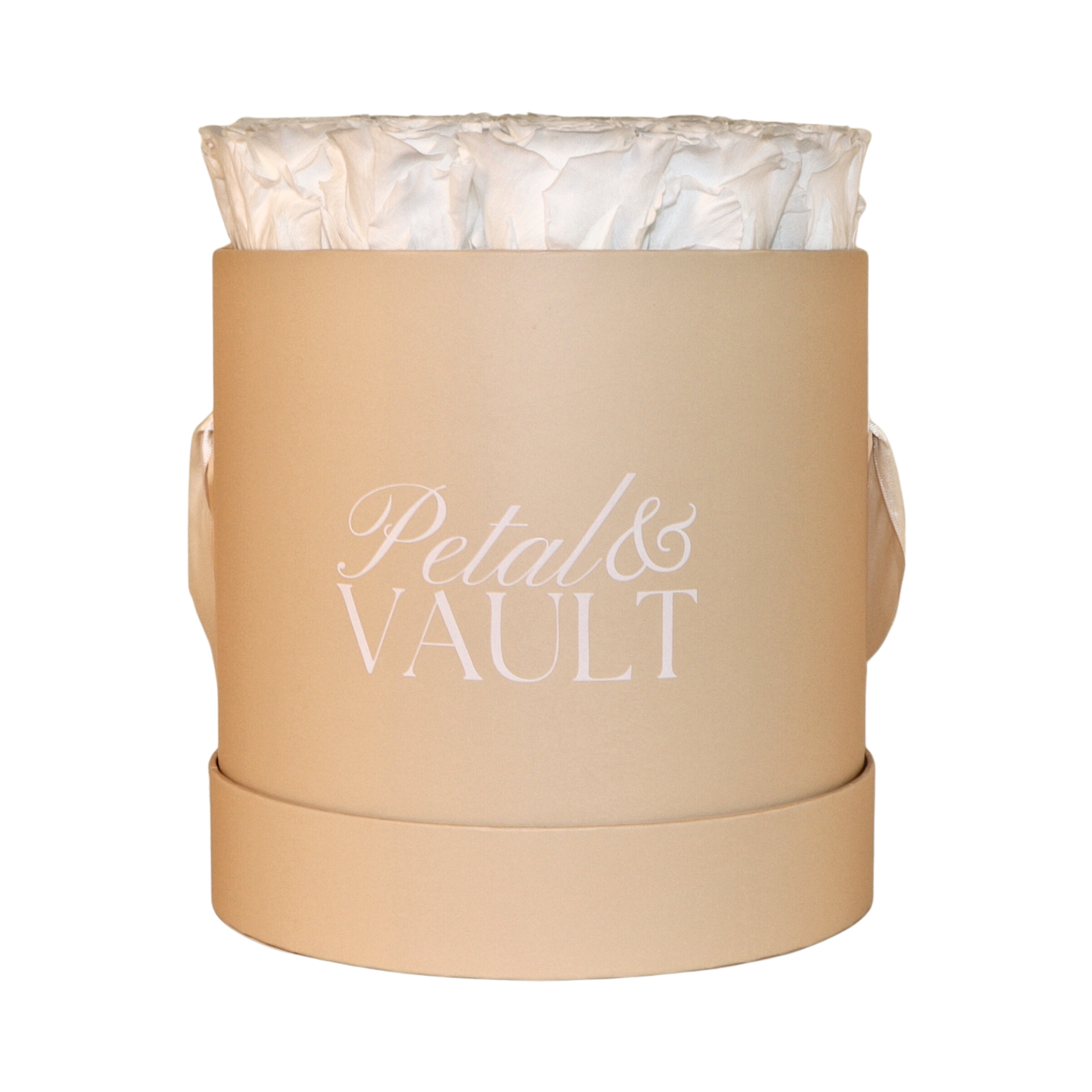 beige round hat box with white preserved roses on white background