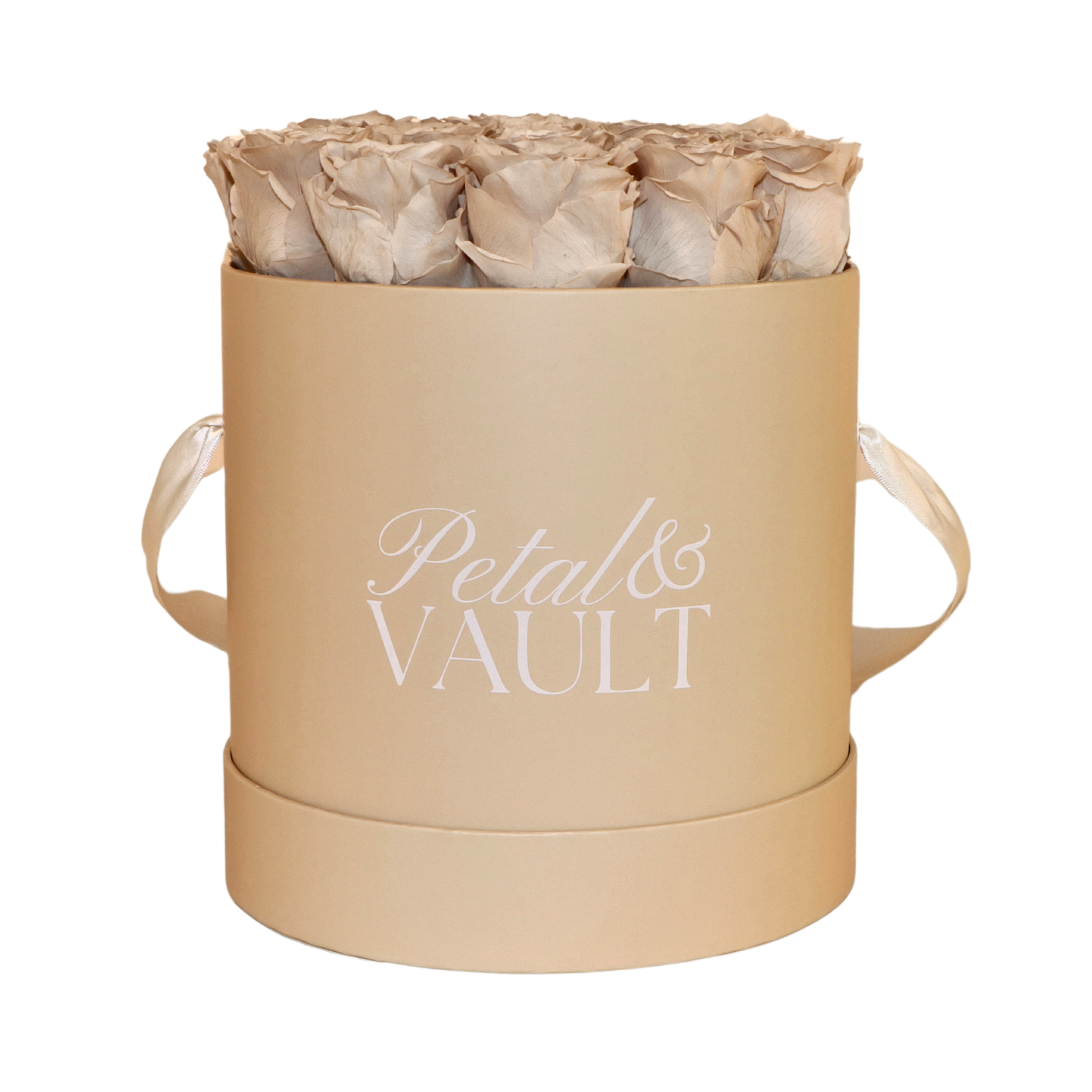 Beige cylindrical hat box with 'Petal & Vault' branding containing beige roses on a white background