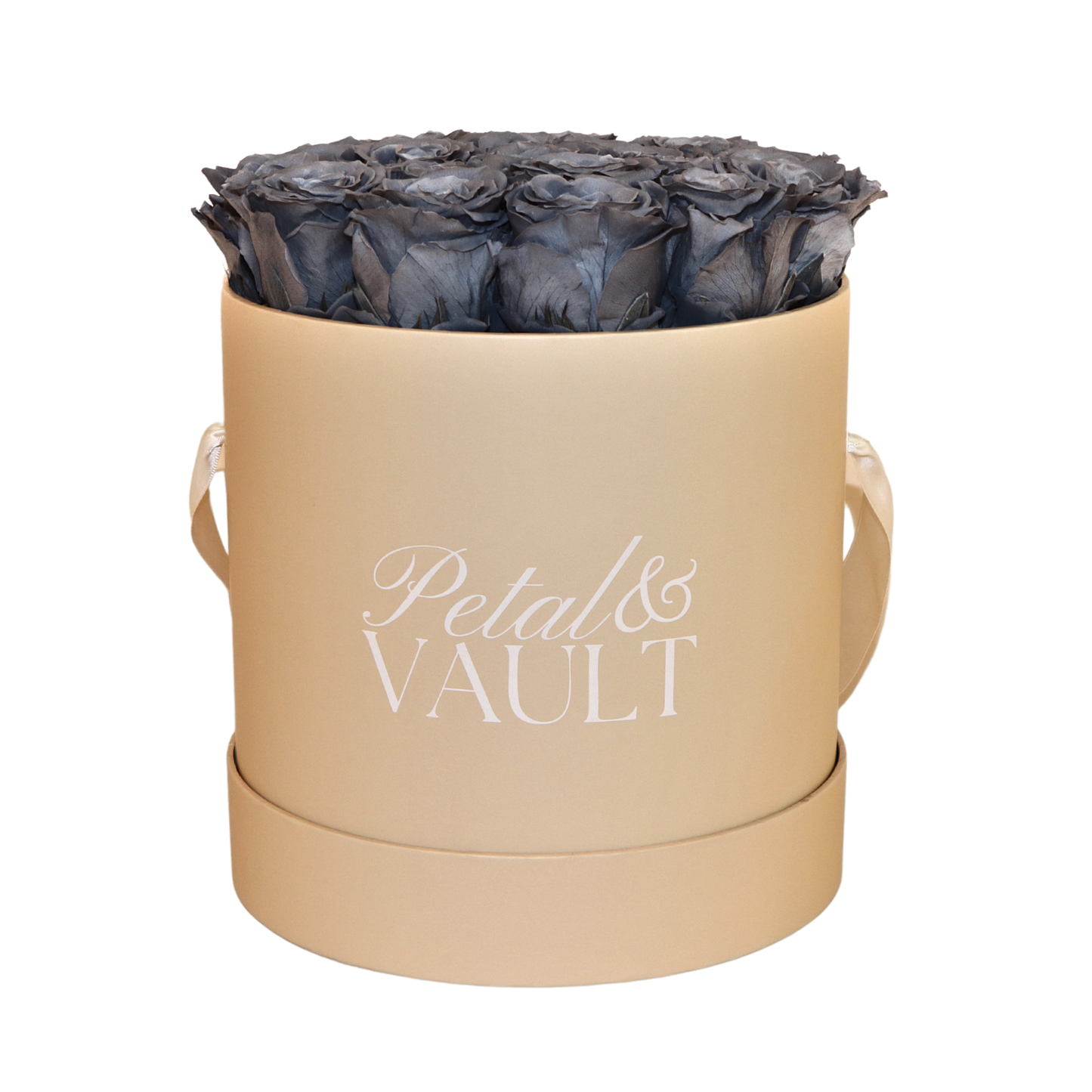 Round Beige hat box with blue roses and 'Petal & Vault' branding on a white background