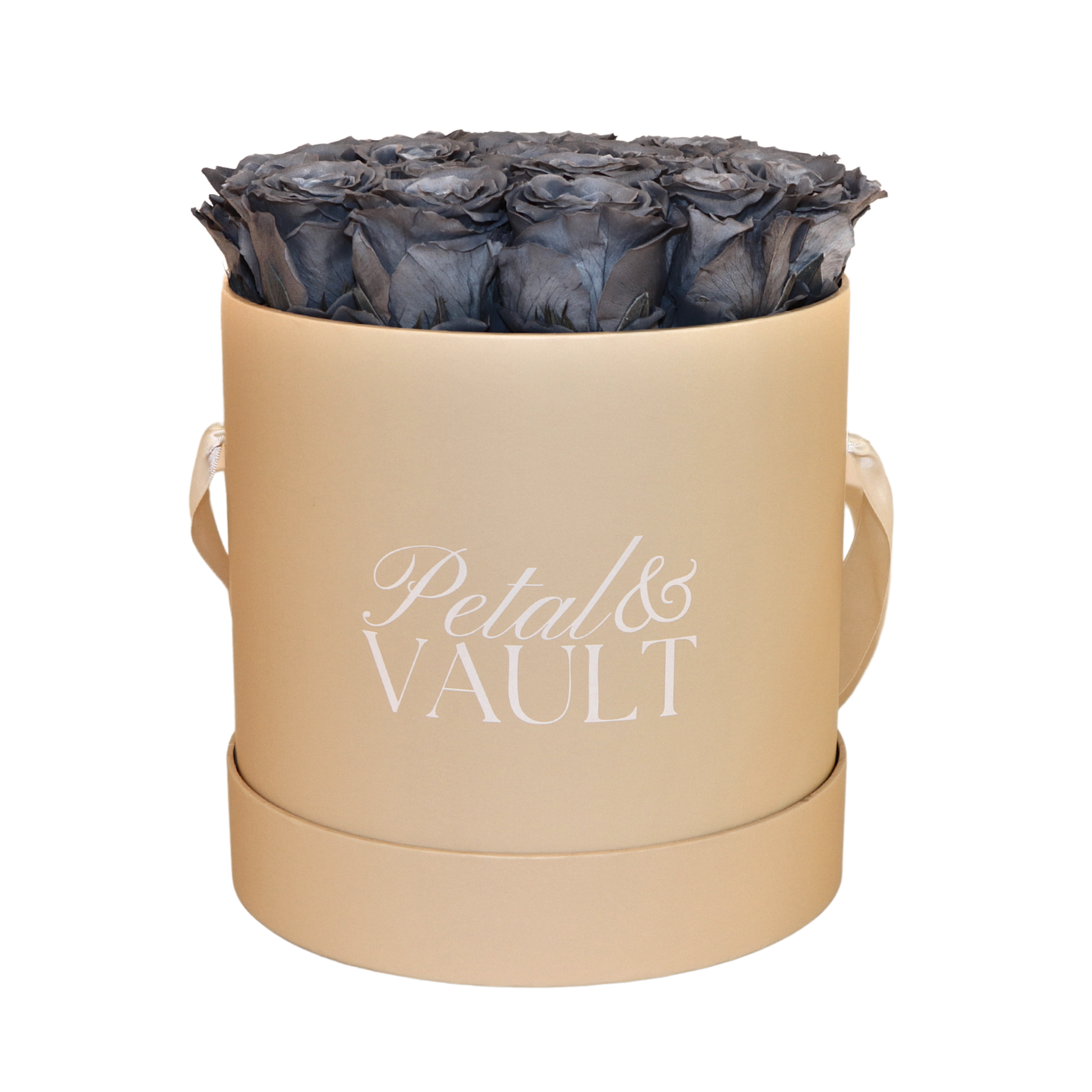 Round Beige hat box with blue roses and 'Petal & Vault' branding on a white background