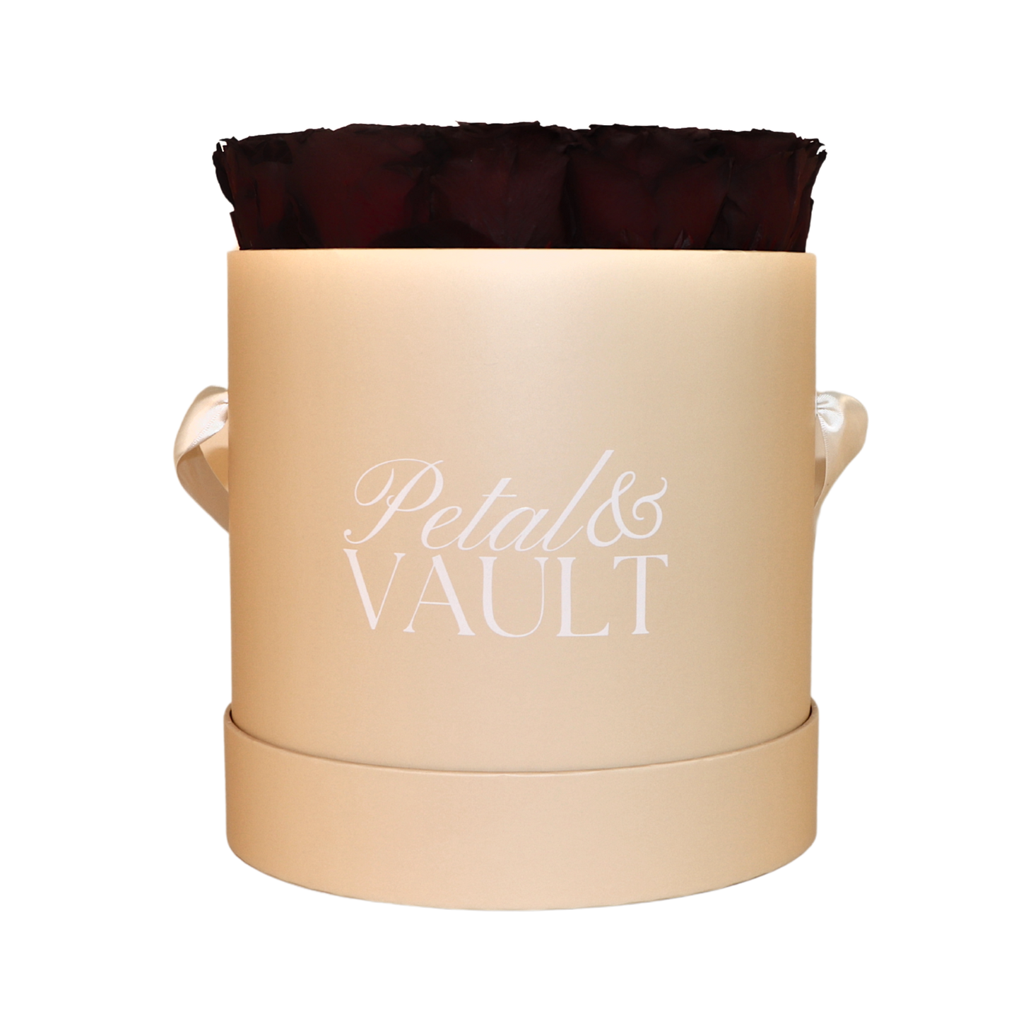 Beige cylindrical hat box container with a dark red rose on a white background, branded 'Petal & Vault'.