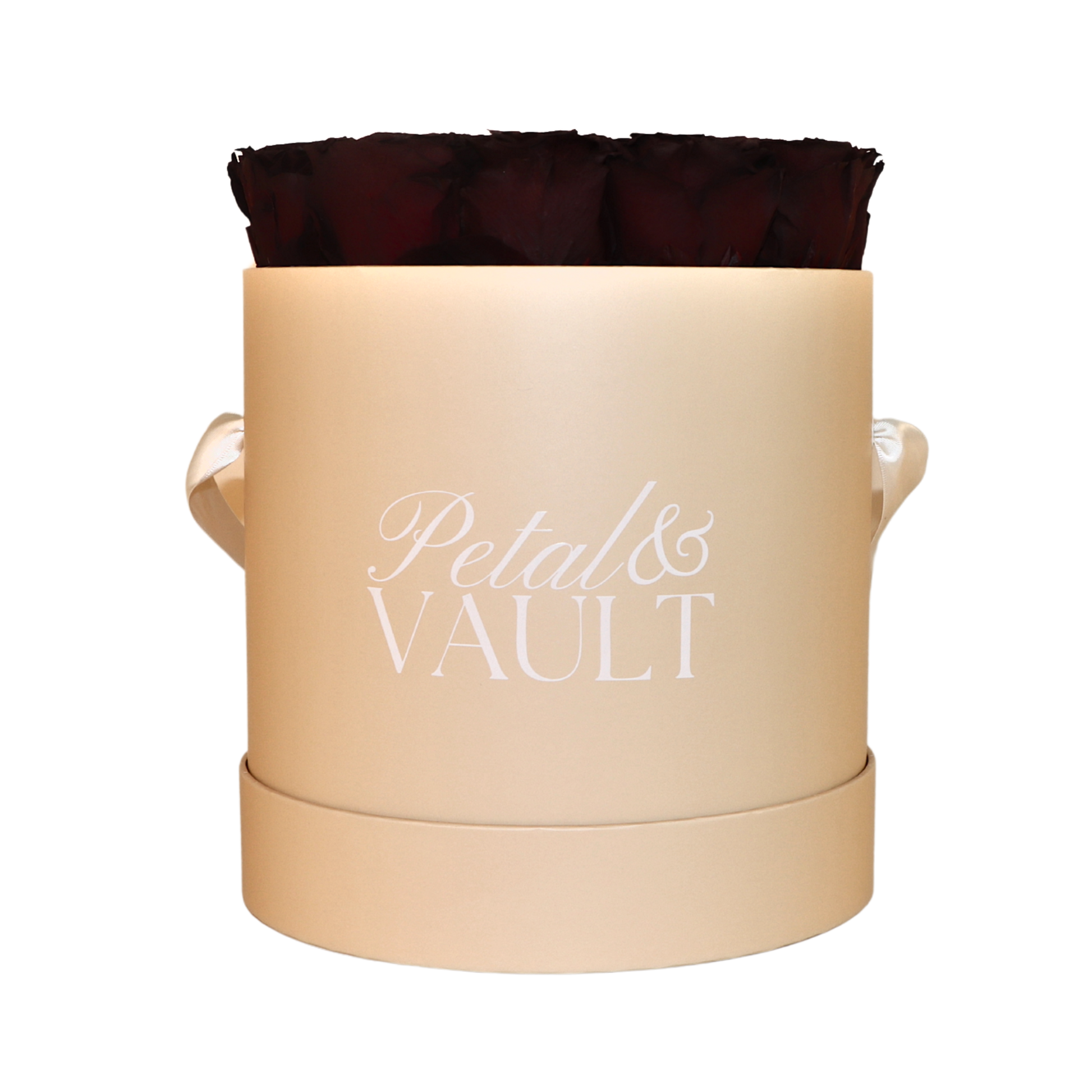 Beige cylindrical hat box container with a dark red rose on a white background, branded 'Petal & Vault'.